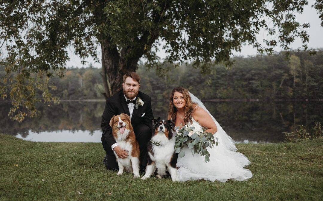 A bride and groom pose outdoors with two dogs in front of a lake and trees. The groom is in a suit, and the bride is in a wedding dress with a bouquet.